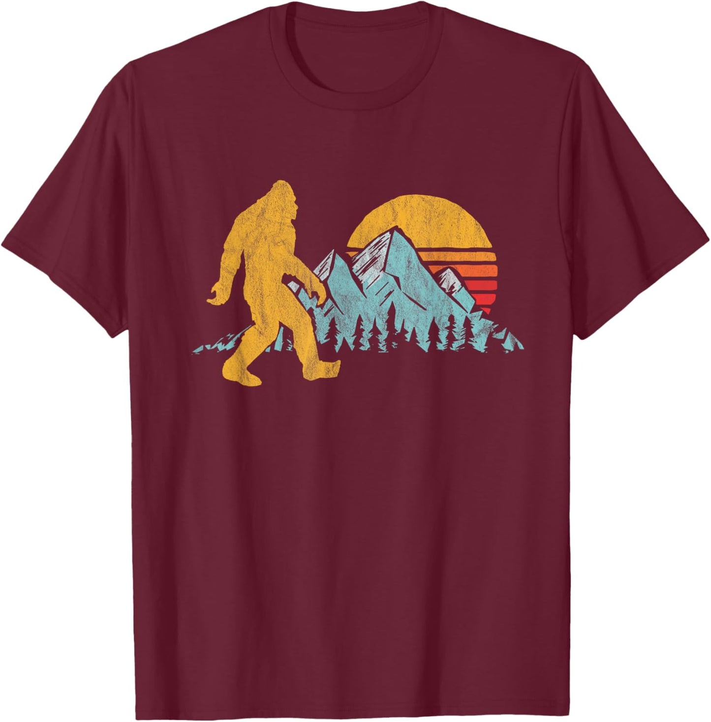 Retro Bigfoot Silhouette Mountain Sun Believe! Graphic T-Shirt - T-Shirt | Maroon