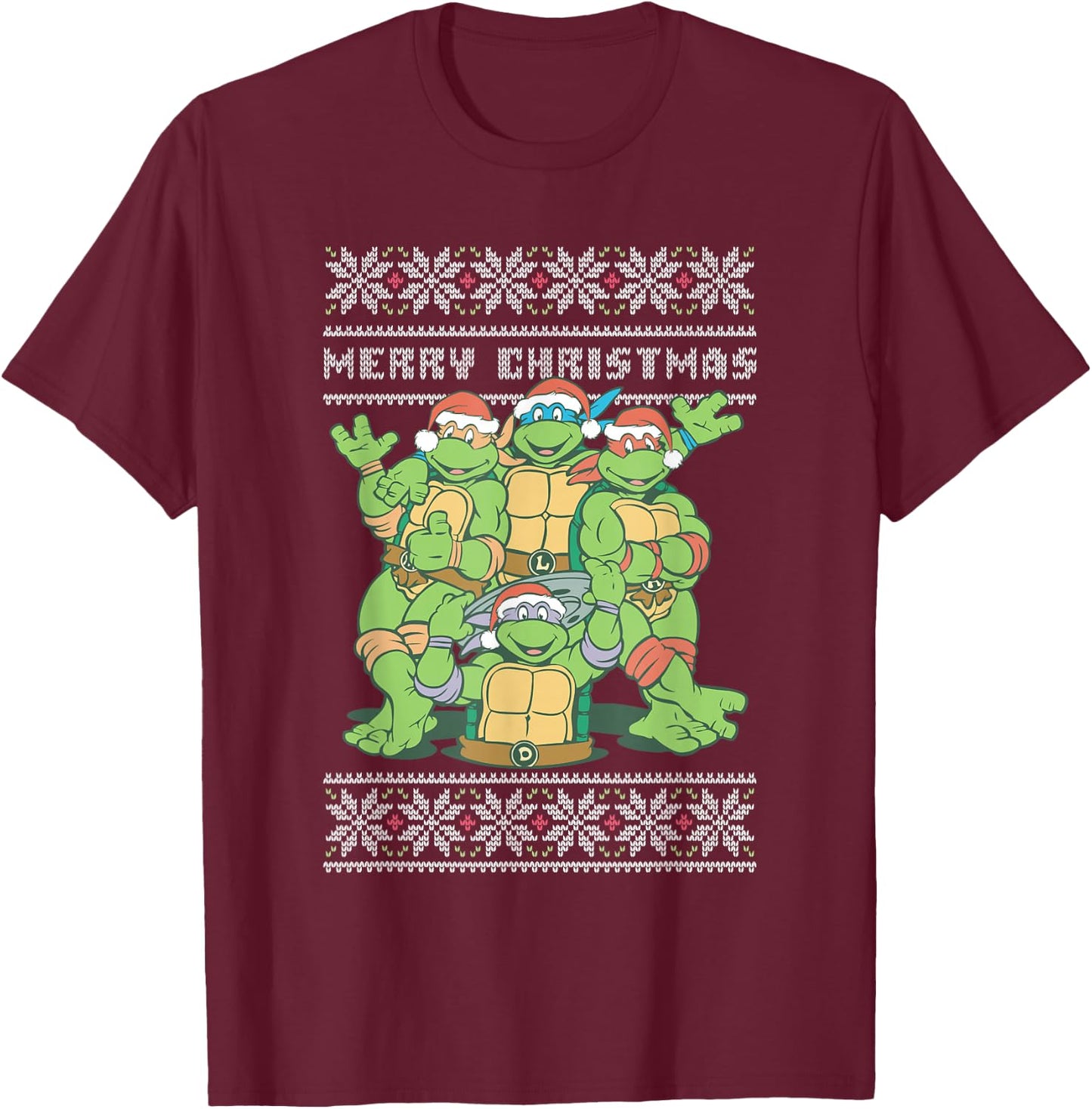 Teenage Mutant Ninja Turtles Christmas Ugly Sweater Group T-Shirt - T-Shirt | Maroon