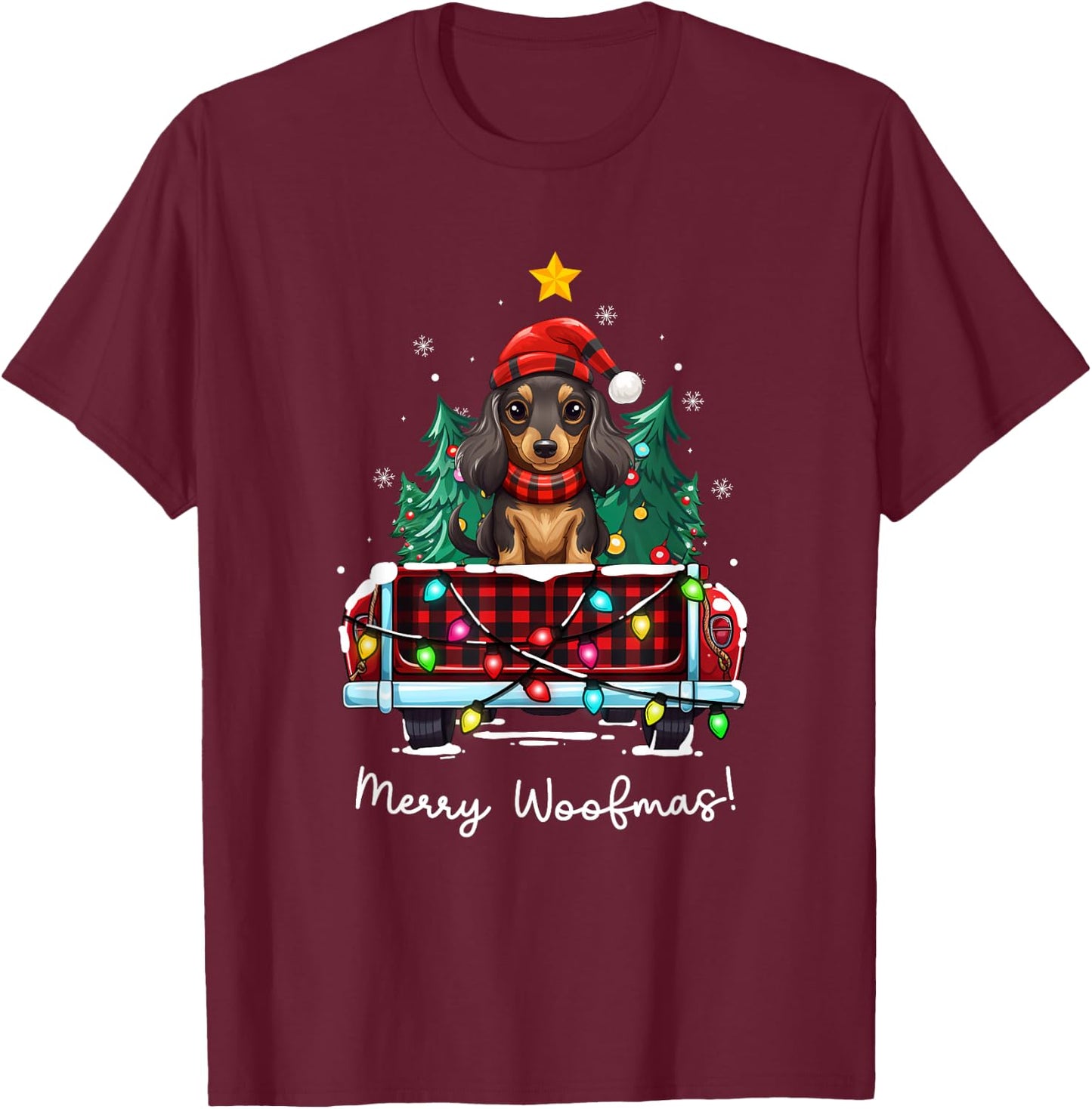 Long Haired Dachshund Christmas Dog Truck Plaid Funny Xmas Men Women Kids T-Shirt - T-Shirt | Maroon