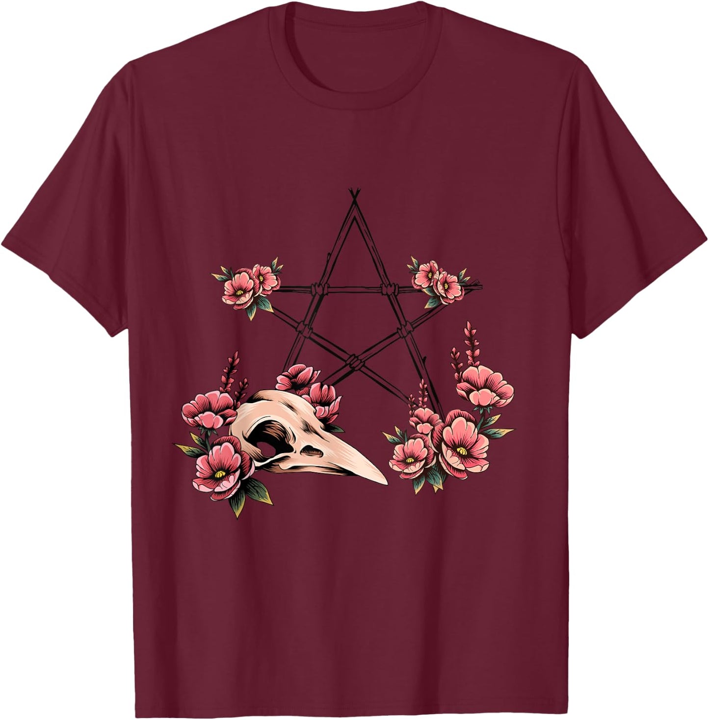 Pagan Witchcraft Pentagram Bird Skull Pagan Altar T-Shirt - T-Shirt | Maroon