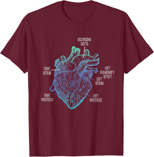 Parts Of Heart Cardiology Men Women Anatomical Cardiac T-Shirt - T-Shirt | Maroon