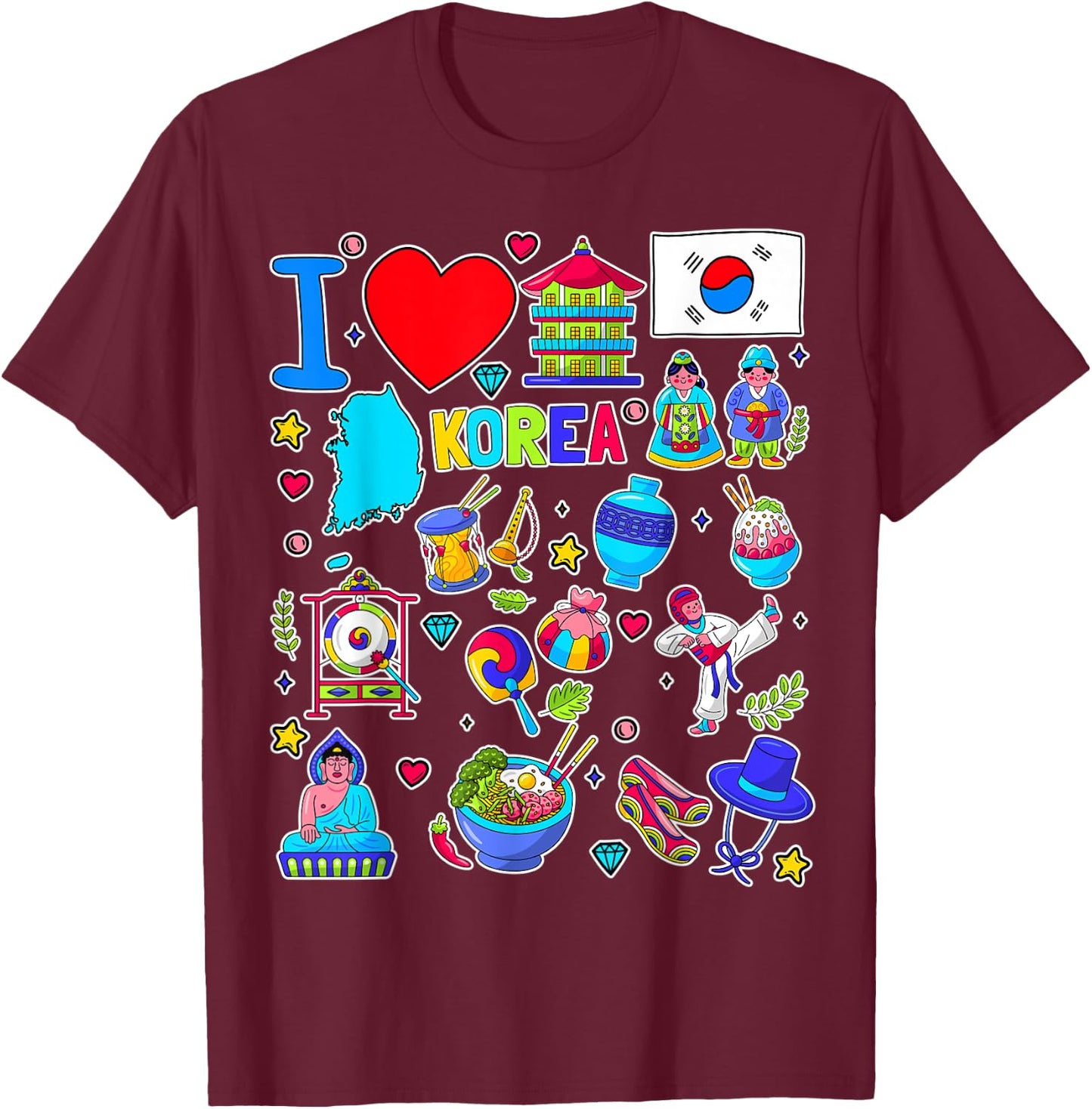 Korean hand drawn landmarks, South Korea map, Culture icons T-Shirt - T-Shirt | Maroon