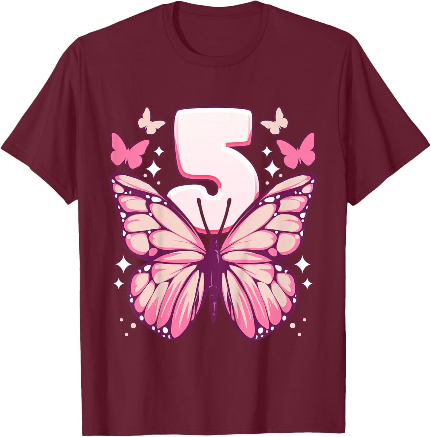 Birthday Girl 5 years, Butterflies and Number 5 T-Shirt - T-Shirt | Maroon