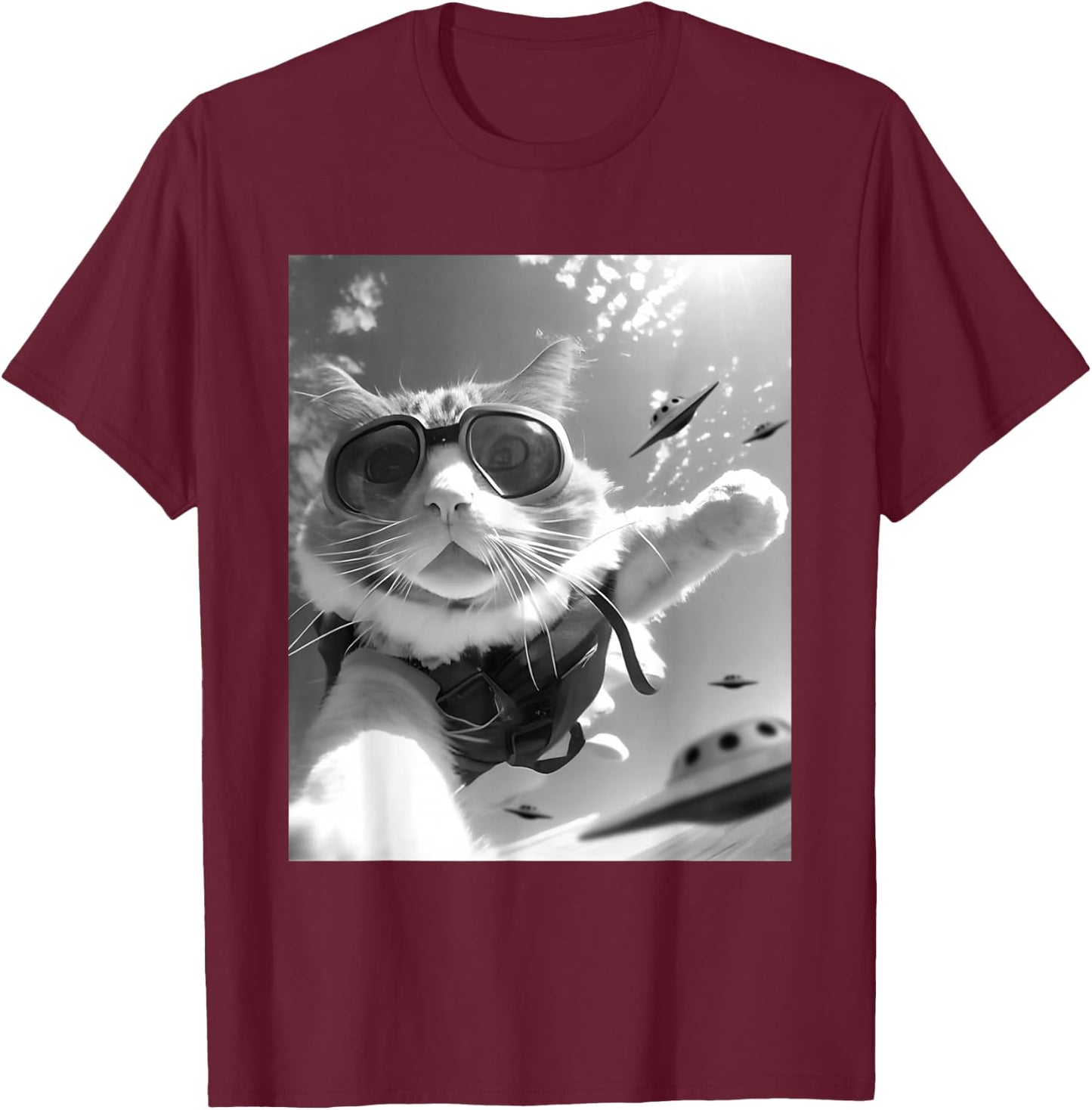 Funny Skydiving Cat Selfie with Alien UFOs T-Shirt - T-Shirt | Maroon