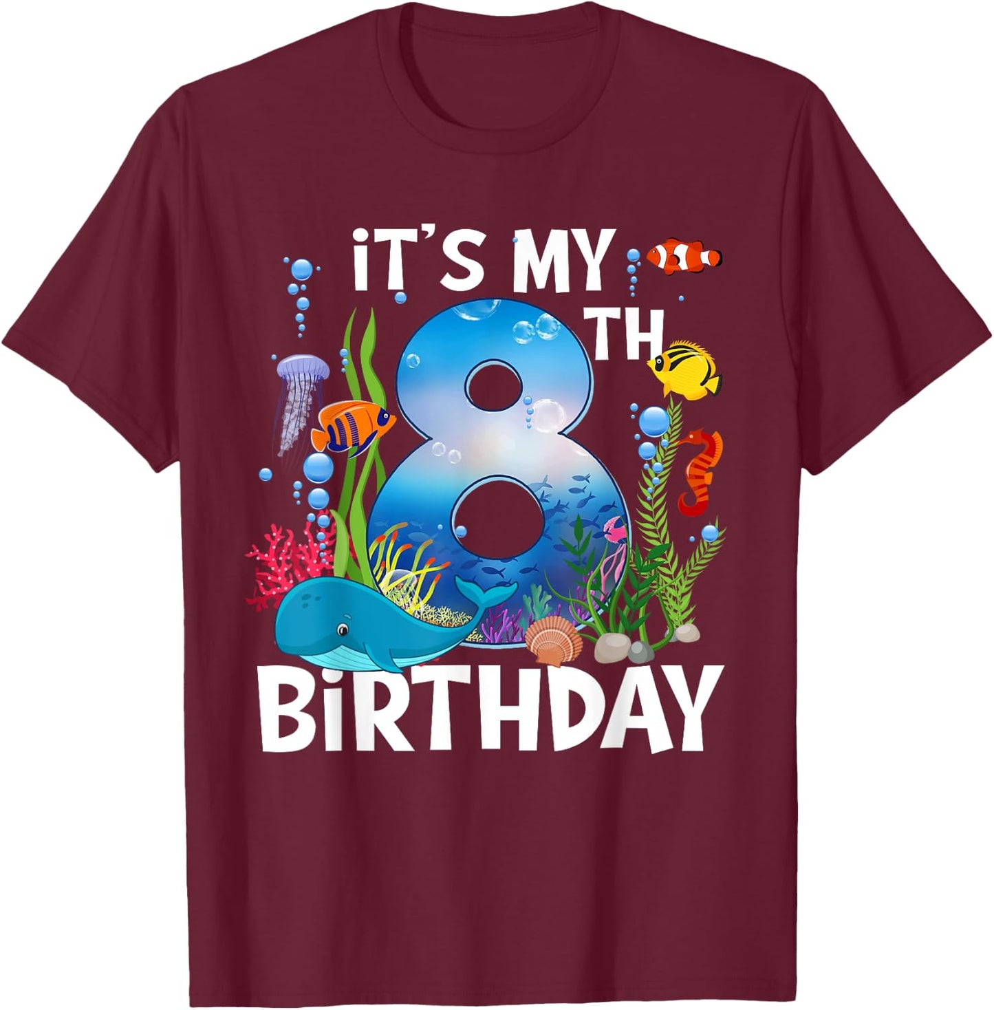 Kids 8 Year Old Ocean Life Whale Dolphin Shark 8th Birthday T-Shirt - T-Shirt | Maroon