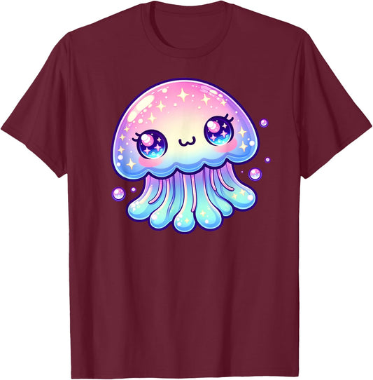 Cute Kawaii Jellyfish Anime Fun Blue Pink Sea Critter T-Shirt - T-Shirt | Maroon