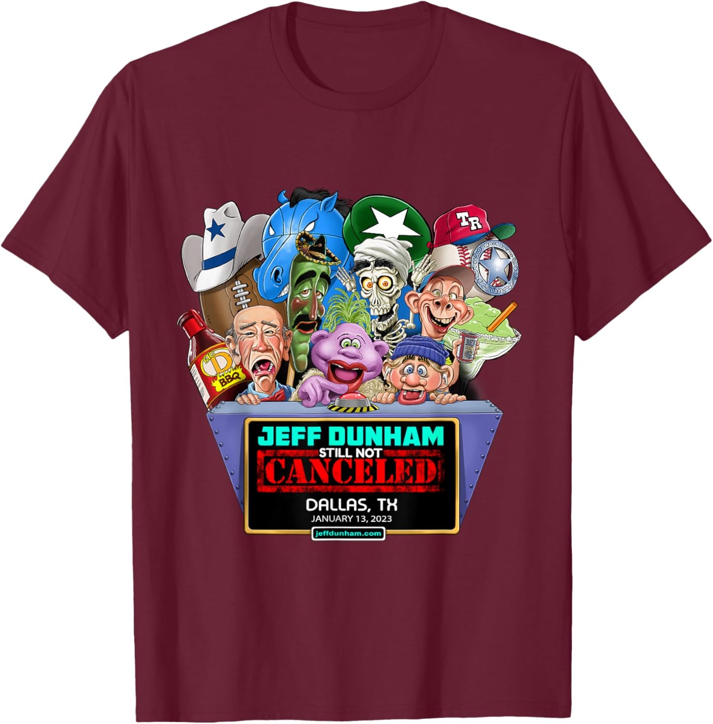 Jeff Dunham Dallas, TX (2023) T-Shirt - T-Shirt | Maroon
