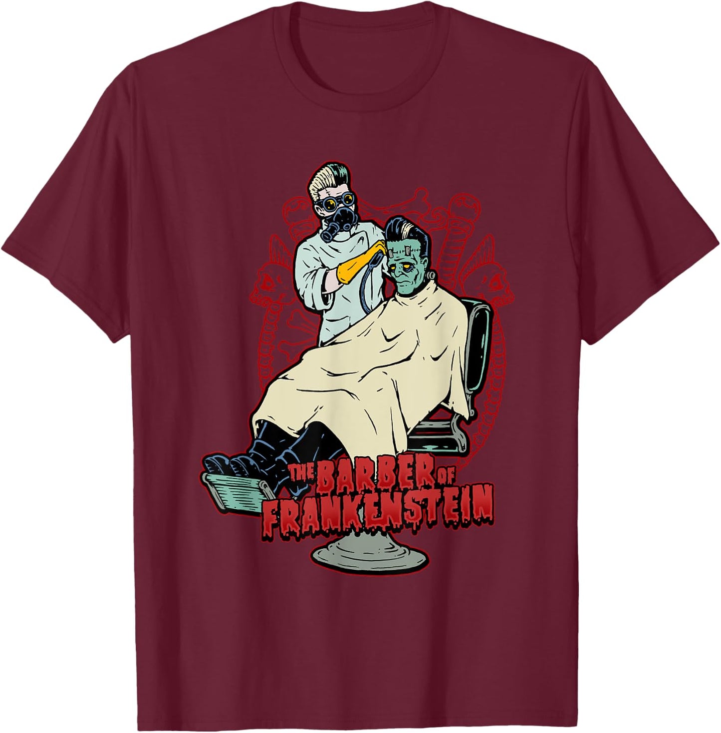The Barber of Frankenstein Monster Rockabilly Barbershop T-Shirt - T-Shirt | Maroon