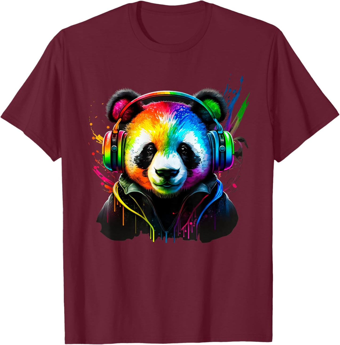 Rainbow DJ Panda Headphones Music for Boys Men Kids T-Shirt - T-Shirt | Maroon