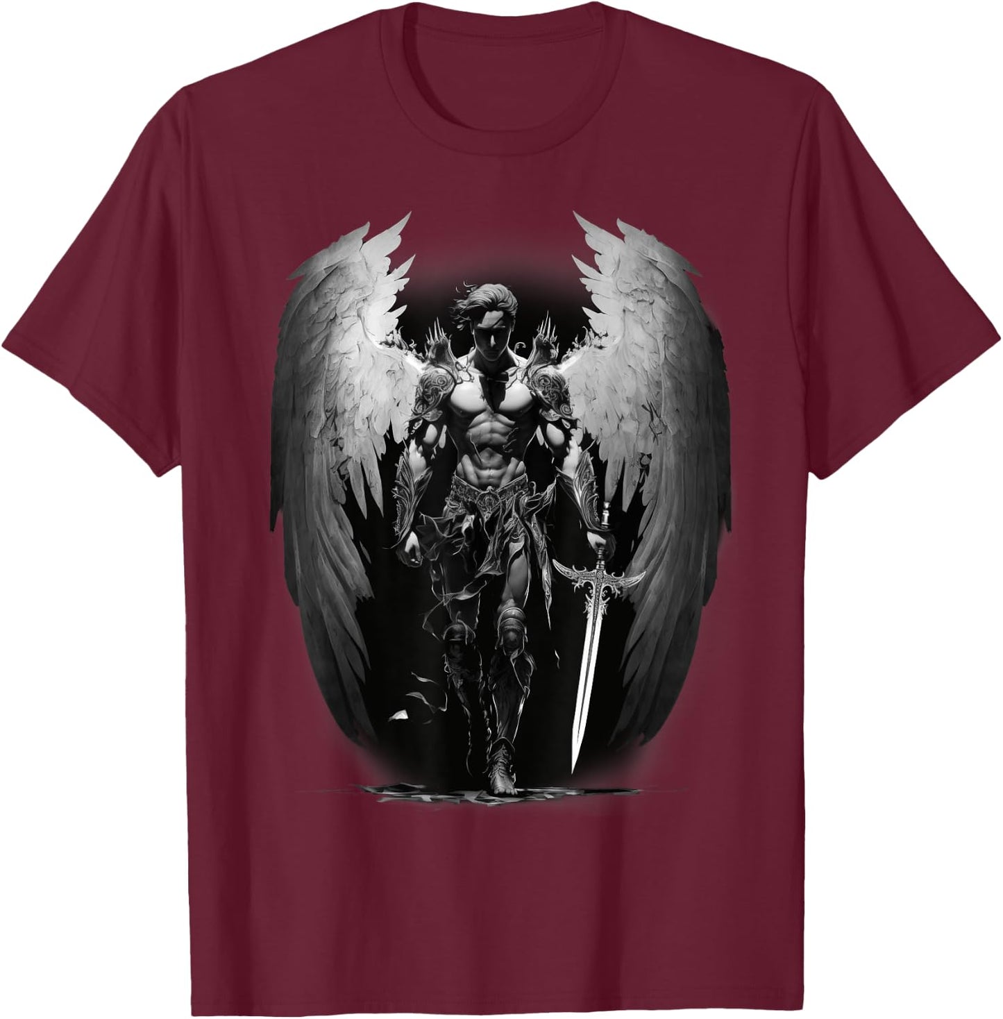 Angel Archangel with Sword, Wings in B&W Walking to Fight. T-Shirt - T-Shirt | Maroon