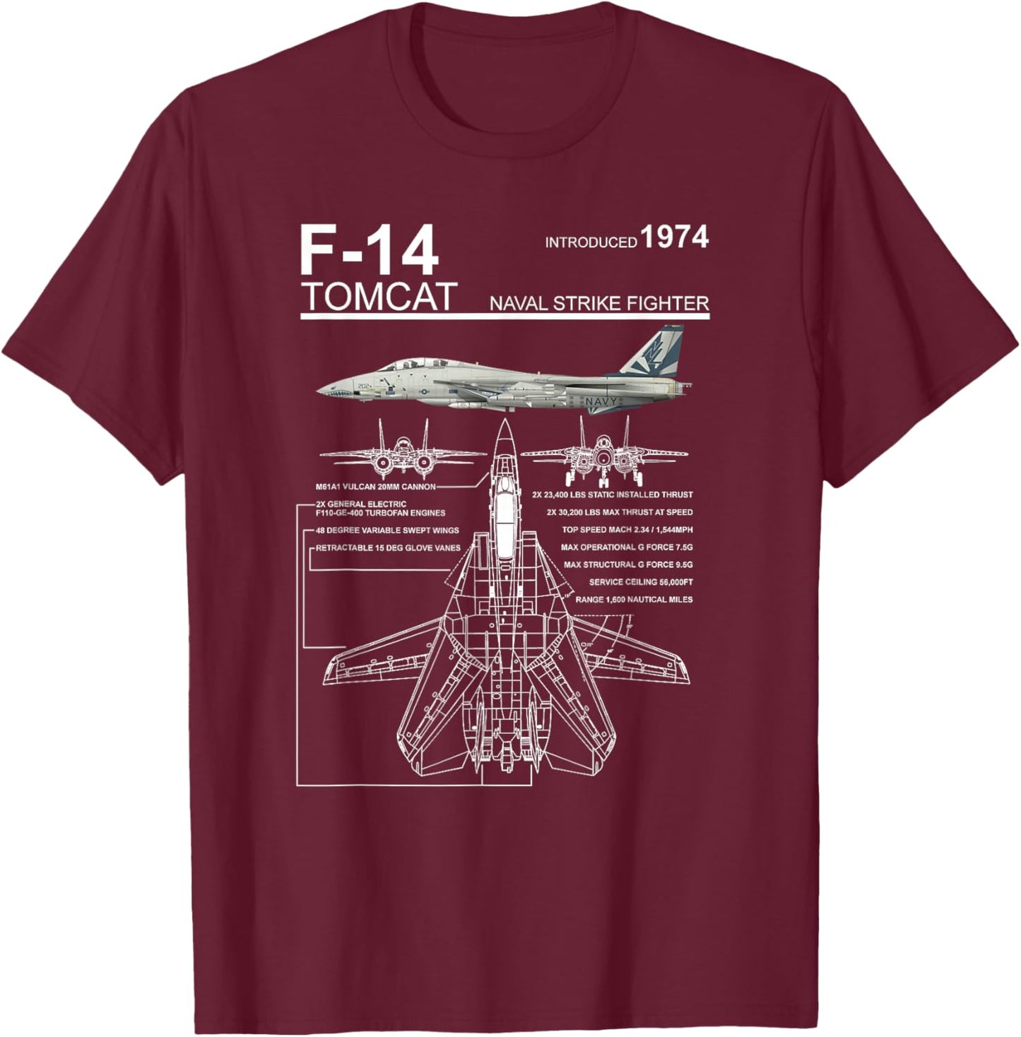 Dinosaurus Rekx F-14 Tomcat Navy Fighter Jet Graphic -Adult , Black, Small, Short Sleeve T-Shirt - T-Shirt | Maroon