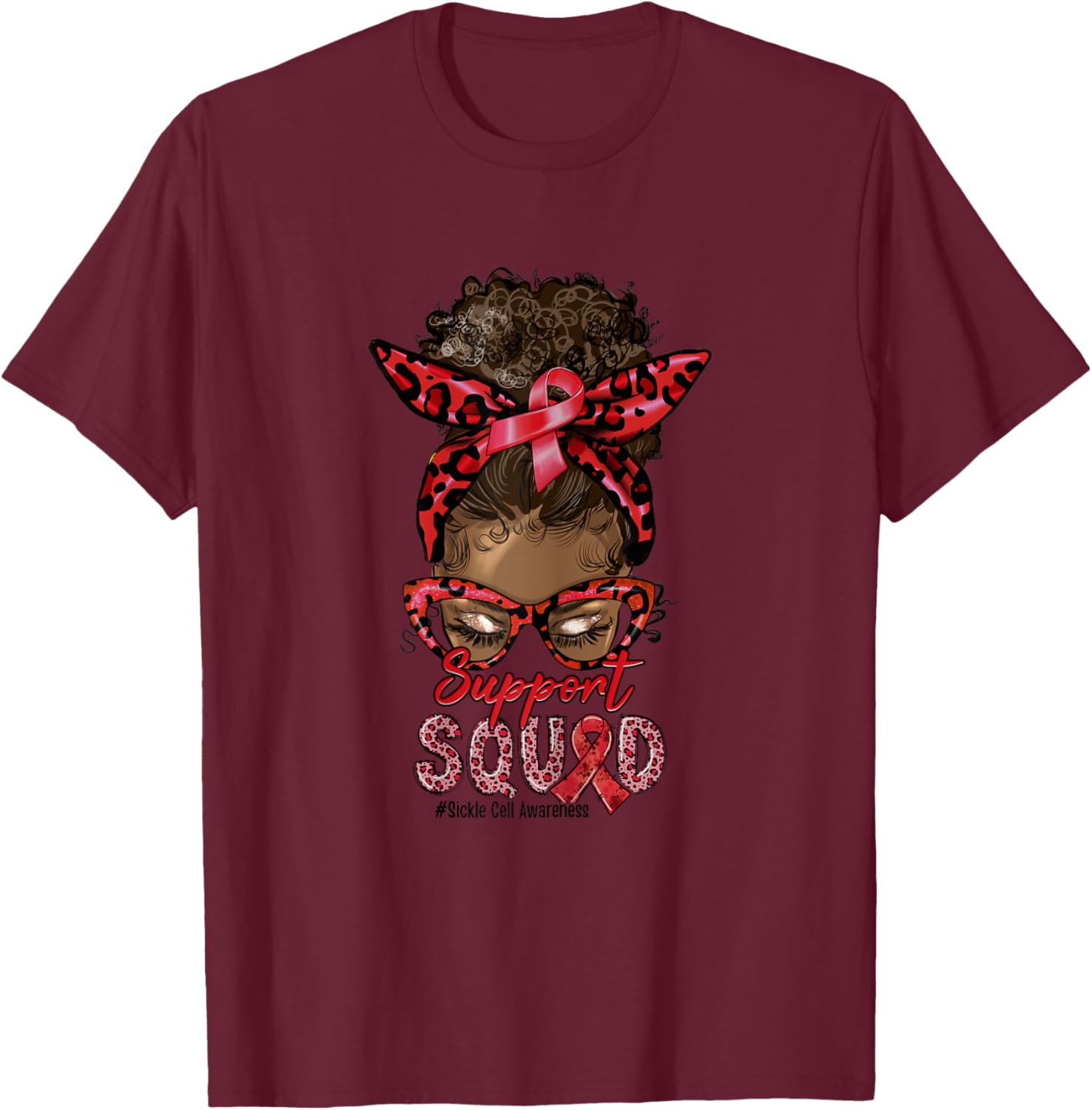 Support Squad Afro Messy Bun Leopard Sickle Cell Awareness T-Shirt - T-Shirt | Maroon