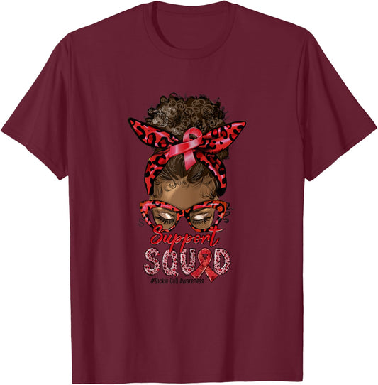 Support Squad Afro Messy Bun Leopard Sickle Cell Awareness T-Shirt - T-Shirt | Maroon