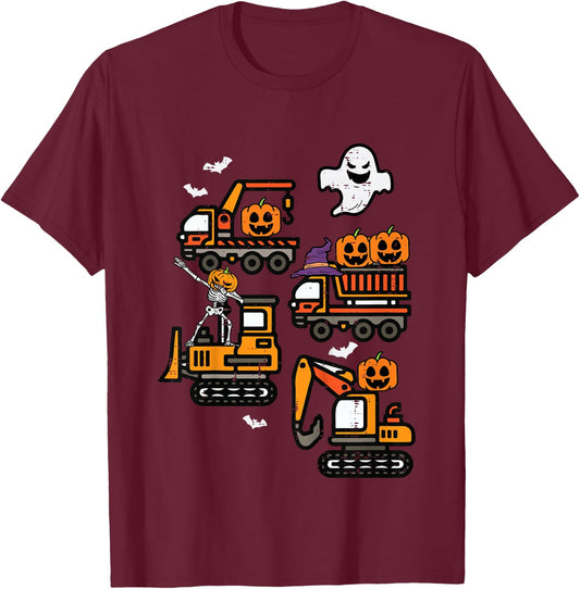 Kids Spooky Construction Trucks Halloween Costume Toddler Boys T-Shirt - T-Shirt | Maroon