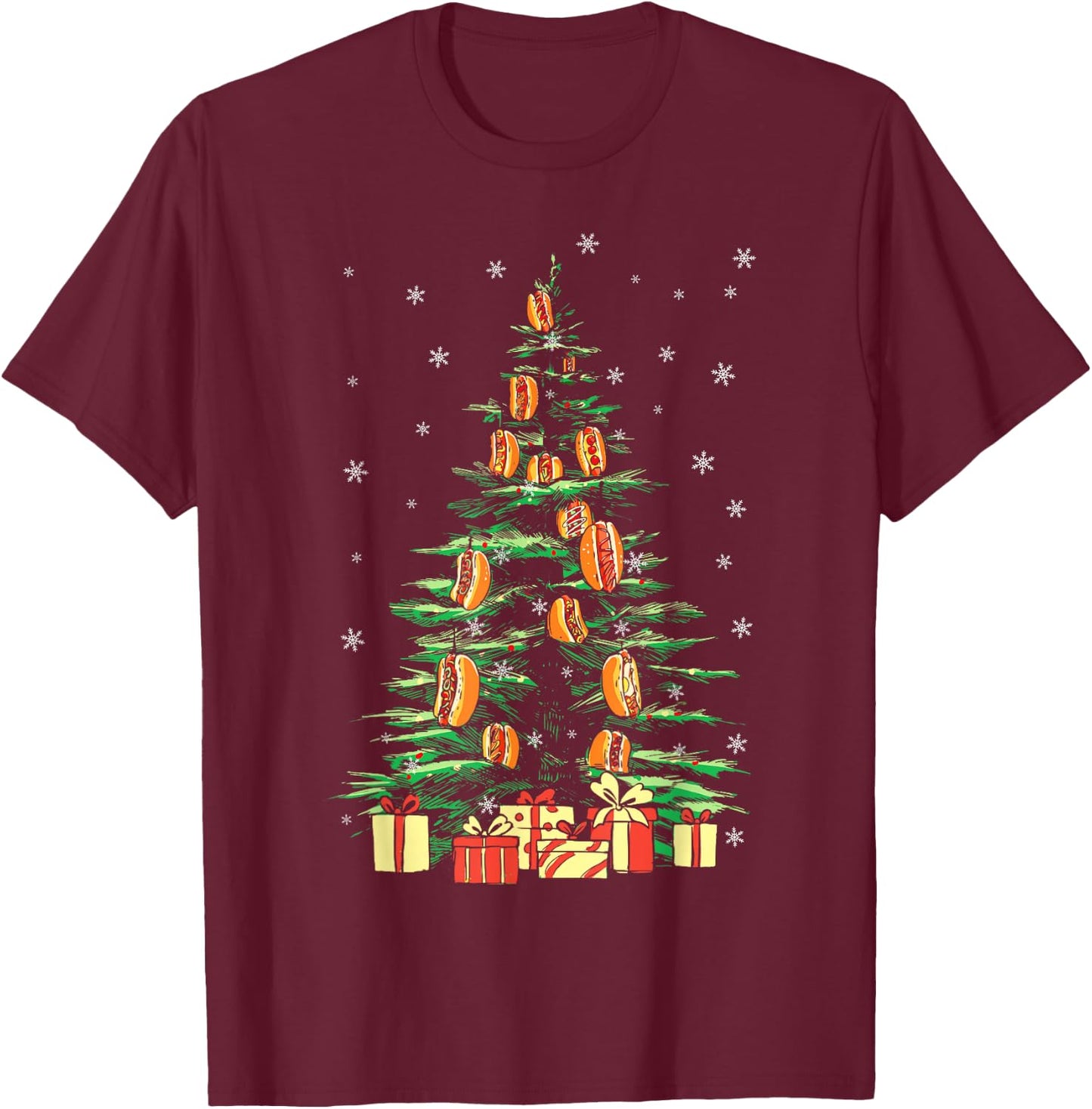 Hot Dog Adult Christmas Tree T-Shirt - T-Shirt | Maroon