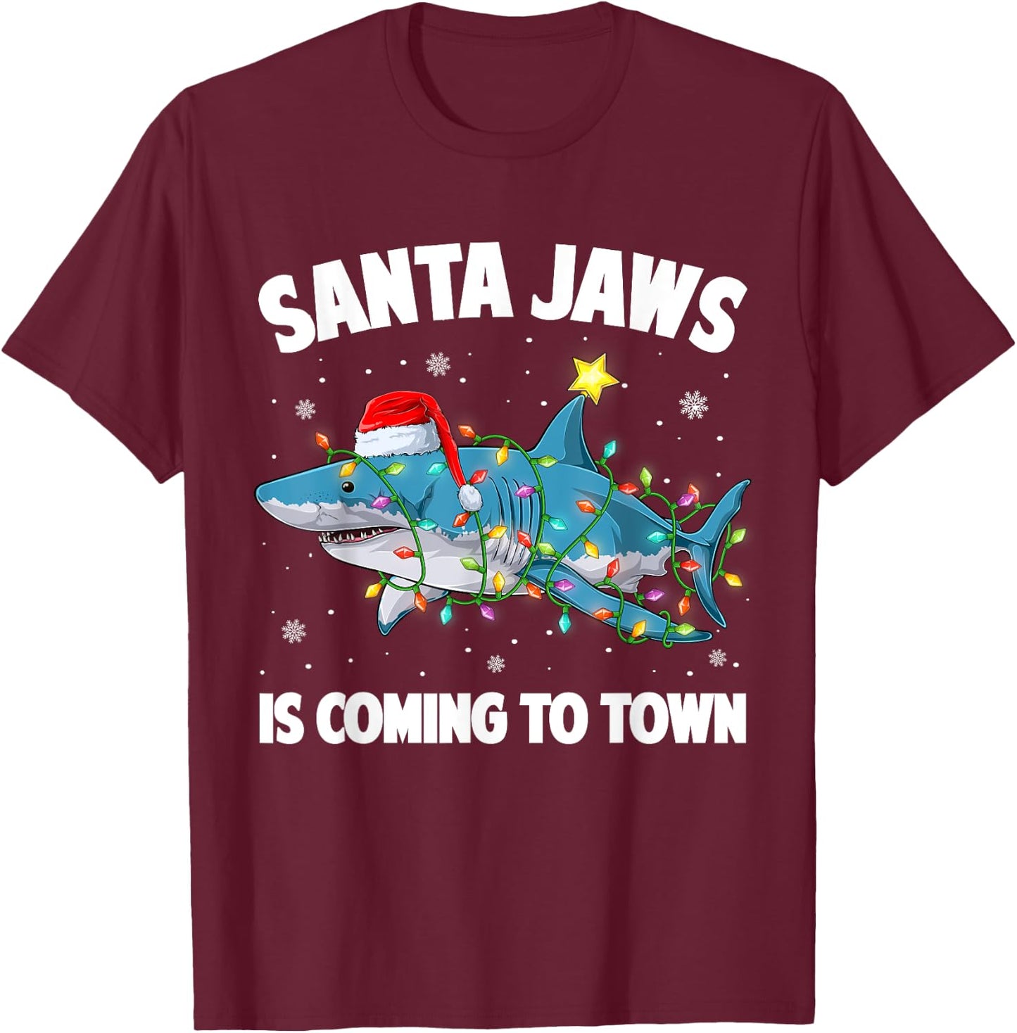 Santa Jaws Shark Christmas Lights Merry Sharkmas Xmas Boys T-Shirt - T-Shirt | Maroon