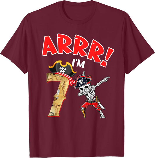 7th Birthday Shirt Boy Dabbing Skeleton Pirate 7 Year Old T-Shirt - T-Shirt | Maroon