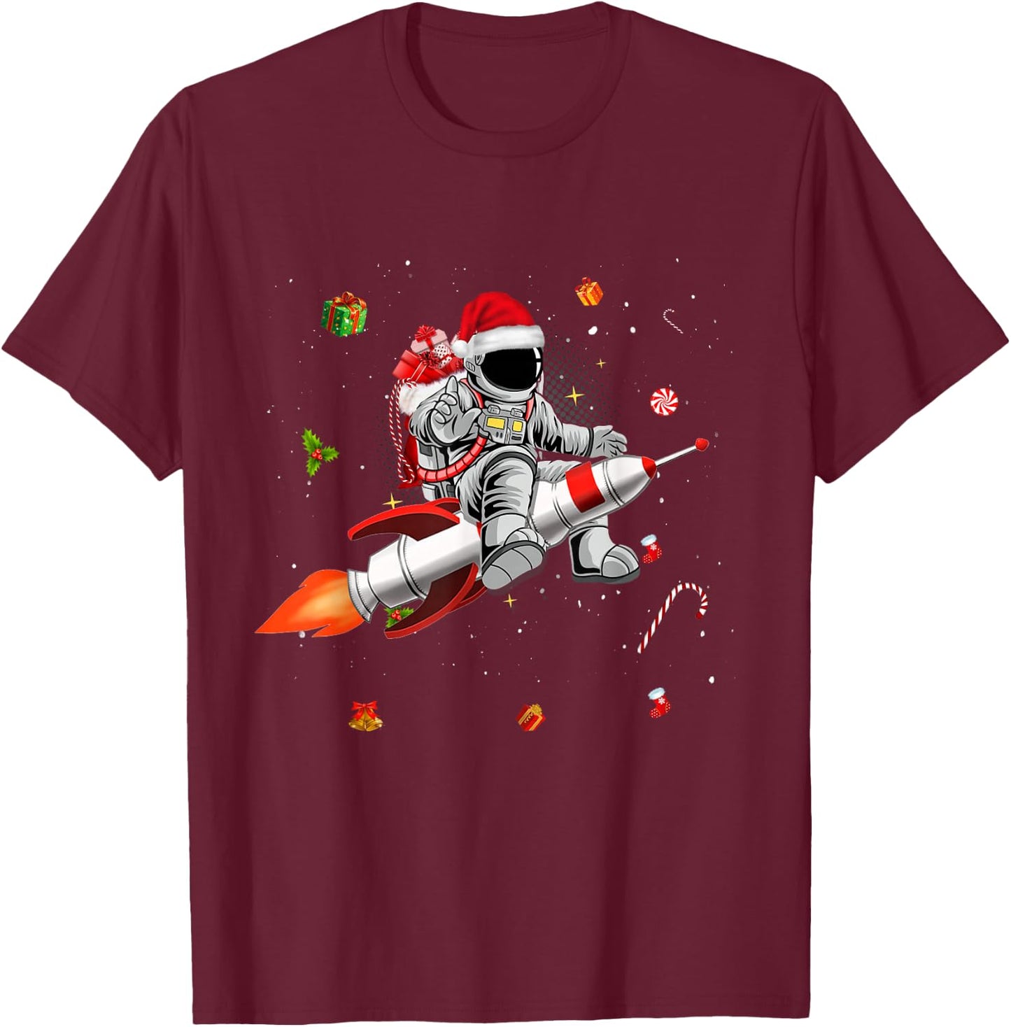 Astronaut Santa Riding Rocket Ship Planets Space Moon Galaxy T-Shirt - T-Shirt | Maroon