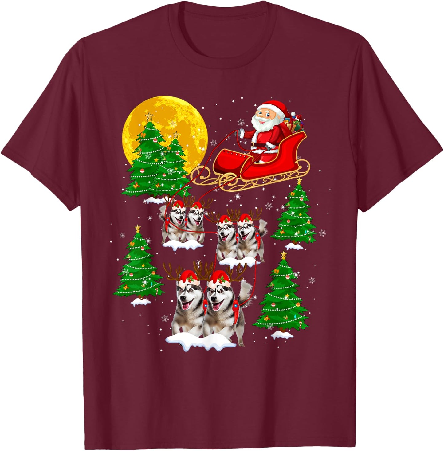 Cute Reindeer Husky Dogs Pulling Santa Sled Christmas Pajama T-Shirt - T-Shirt | Maroon
