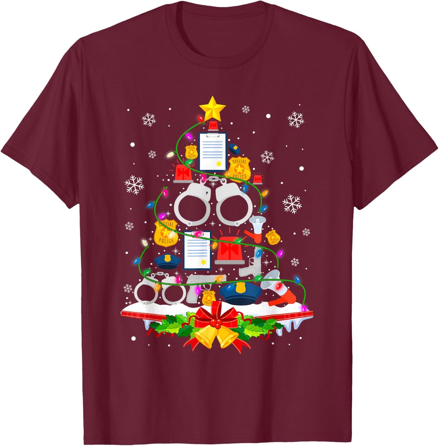 Police Christmas Tree Lights Funny Police Lover T-Shirt - T-Shirt | Maroon