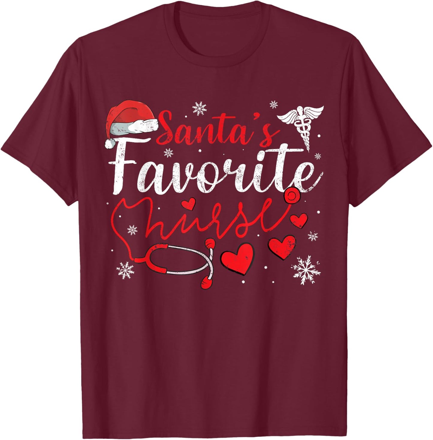 Women Men Santas Favorite Nurse Christmas Scrub Xmas RN T-Shirt - T-Shirt | Maroon