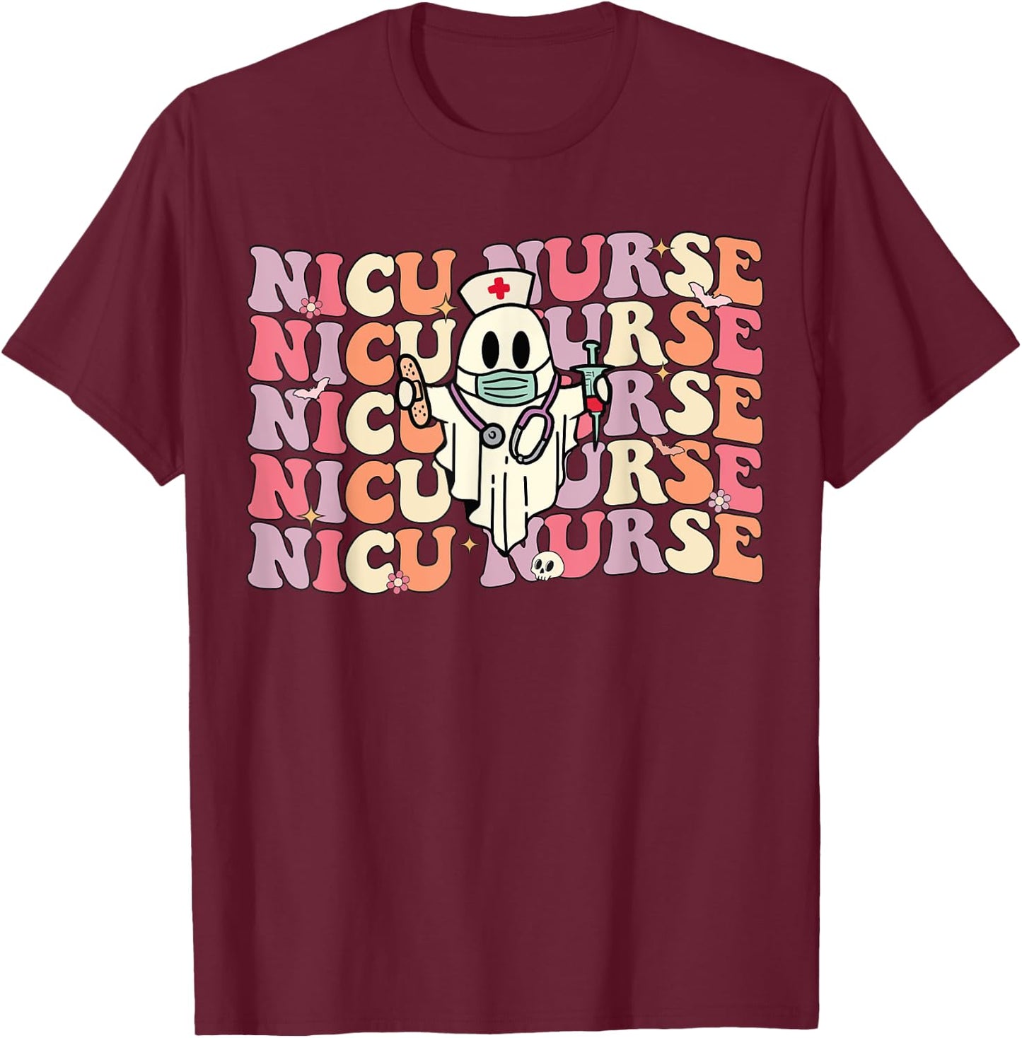 Groovy NICU Nurse Halloween Ghost Costume Neonatal Nurse T-Shirt - T-Shirt | Maroon