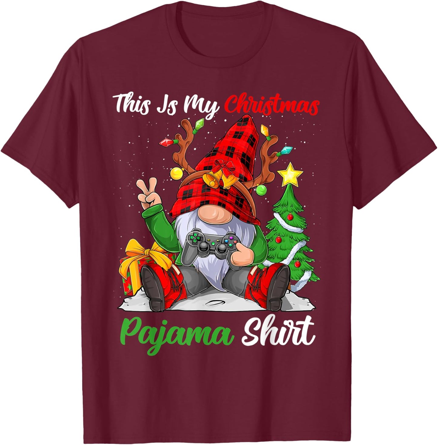 This Is My Christmas Pajama Shirt Gnome Christmas Gamer Boys T-Shirt - T-Shirt | Maroon