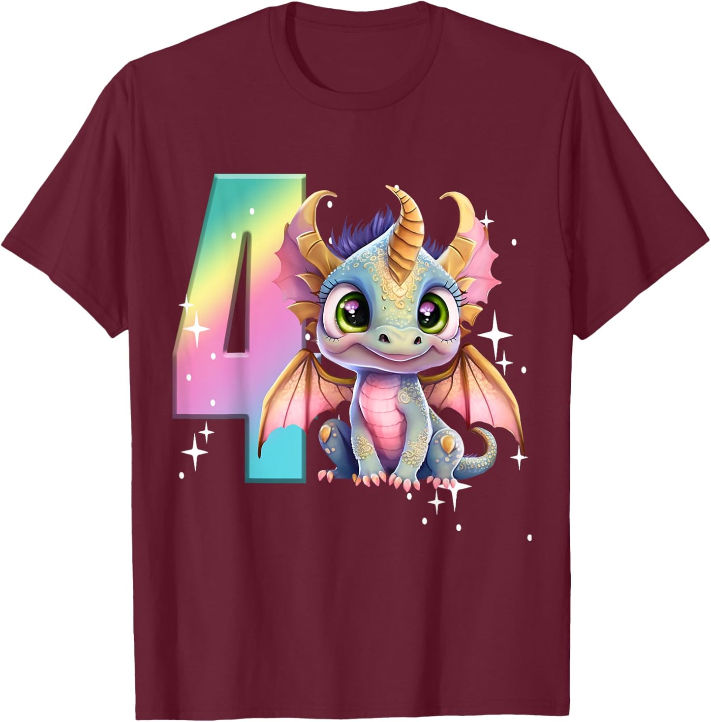 4th Birthday Shirt Dragon Party Rainbow Girl Dragon Four 4 T-Shirt - T-Shirt | Maroon