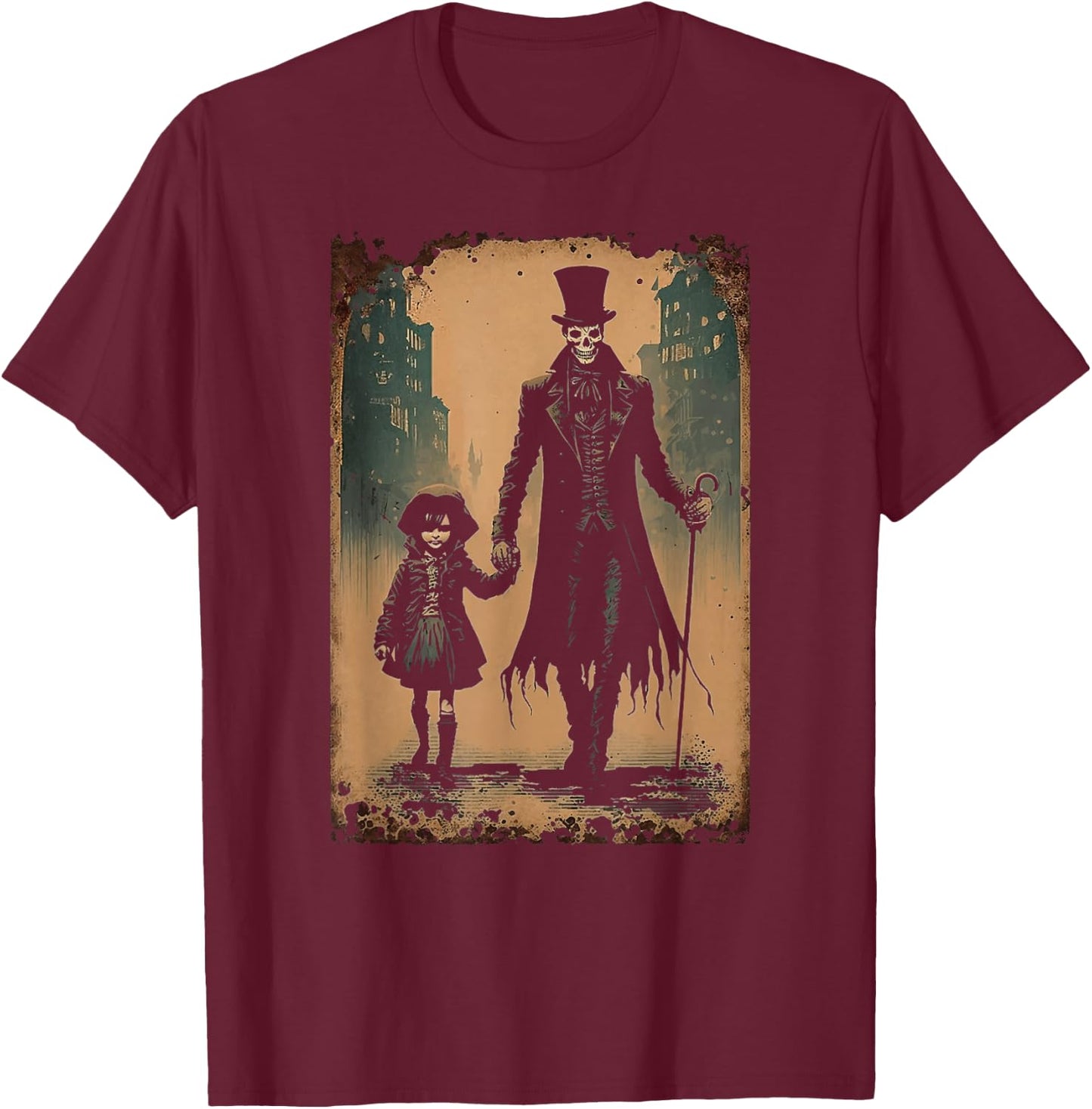 Reaper Of Death Making Friends On A Victorian City Street T-Shirt - T-Shirt | Maroon