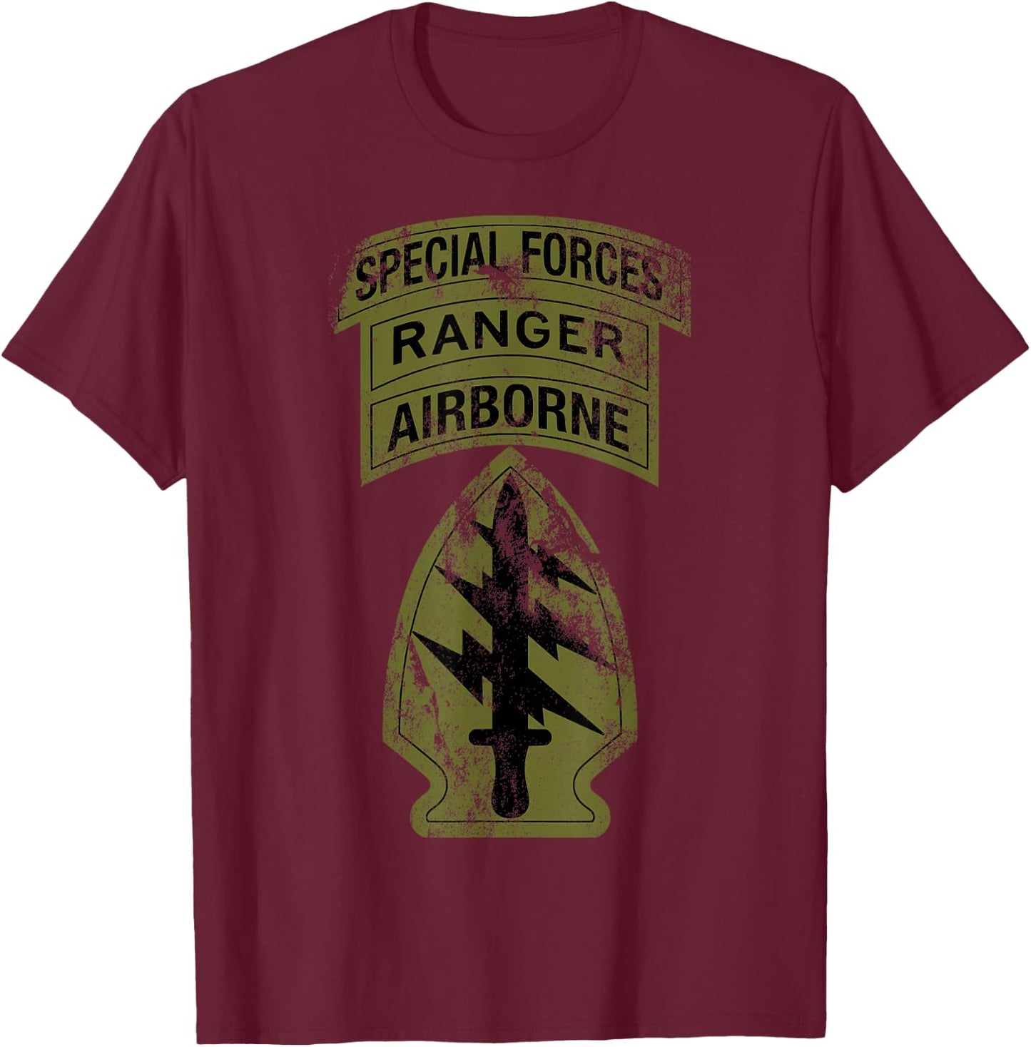 US Army Special Forces - SF Ranger Tab - OD Green Vintage T-Shirt - T-Shirt | Maroon