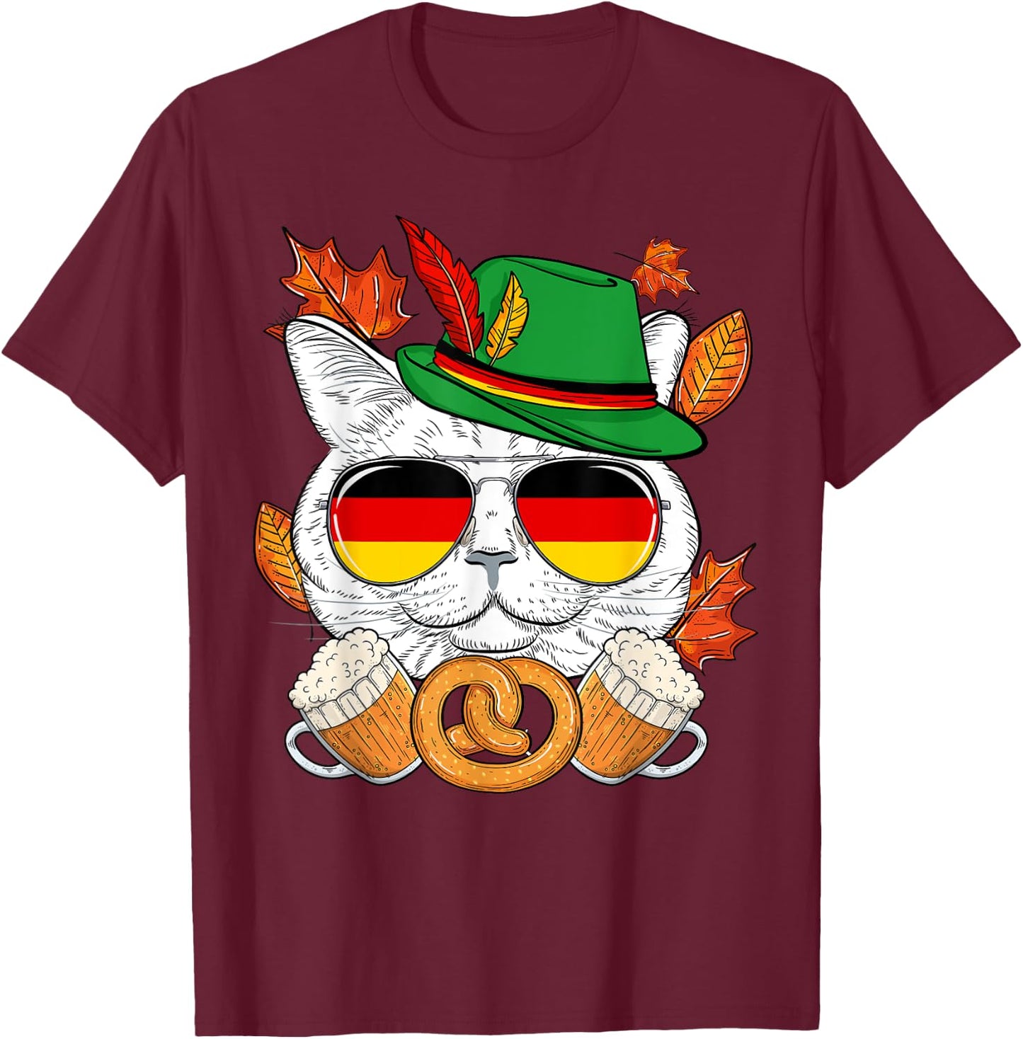 Funny Lederhosen Cat & Sunglasses Germany Flag Oktoberfest T-Shirt - T-Shirt | Maroon