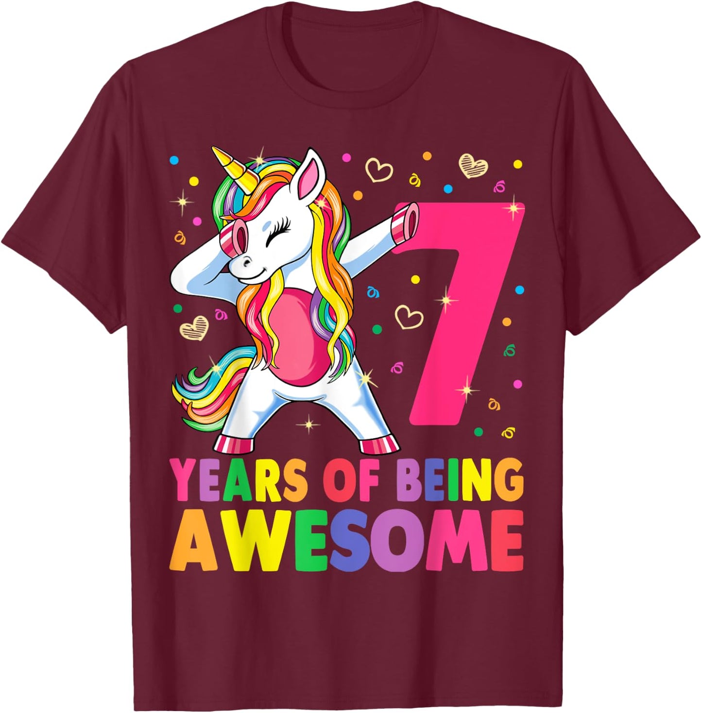 7 Years Old Unicorn Dabbing 7th Birthday Girl Unicorn Party T-Shirt - T-Shirt | Maroon