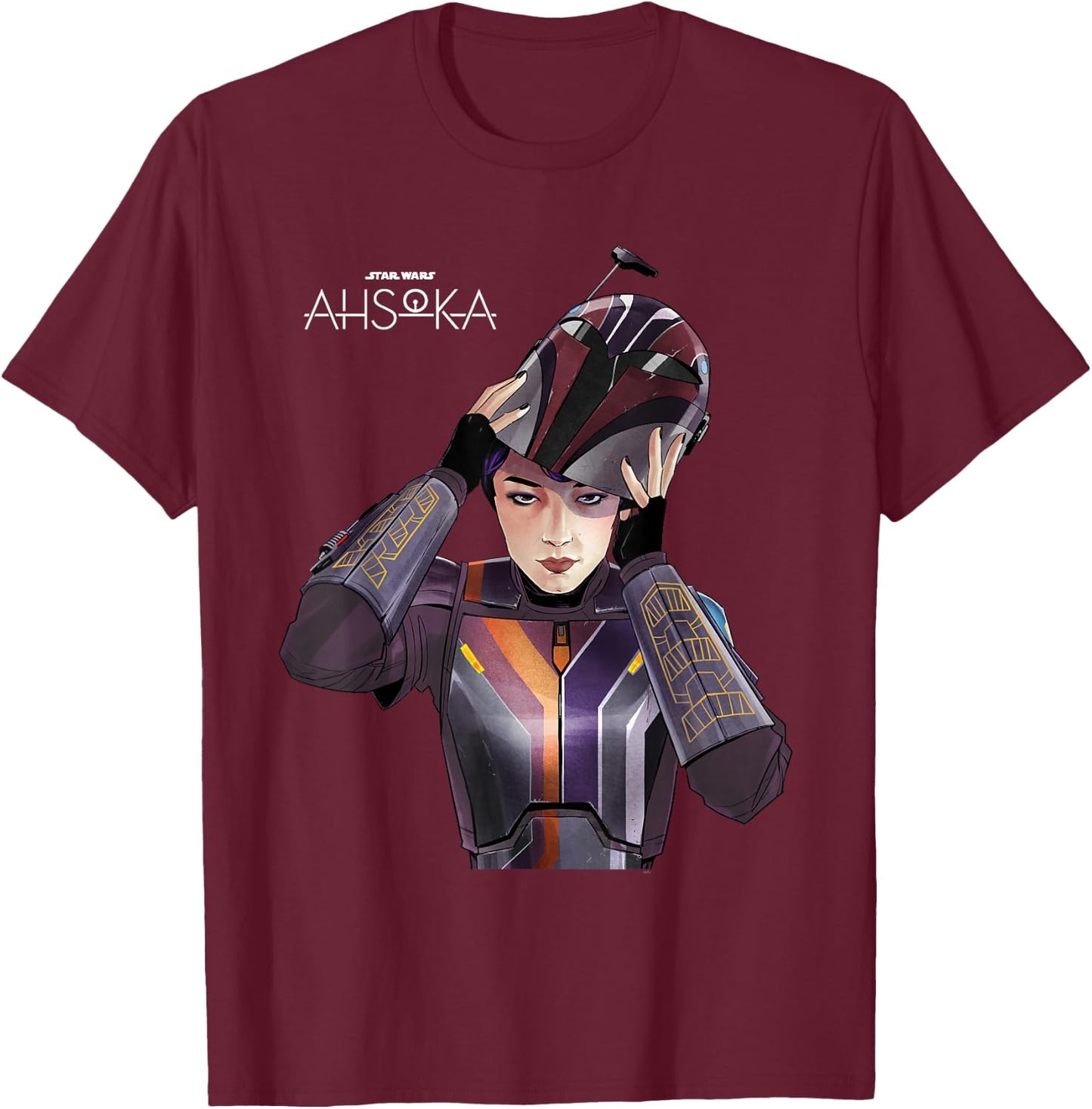 Star Wars Ahsoka Sabine Wren with Mandalorian Helmet Disney+ T-Shirt - T-Shirt | Maroon
