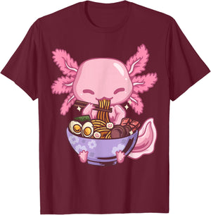 Axolotl Ramen Anime Kawaii Eating Girls Teens Small T-Shirt - T-Shirt | Maroon