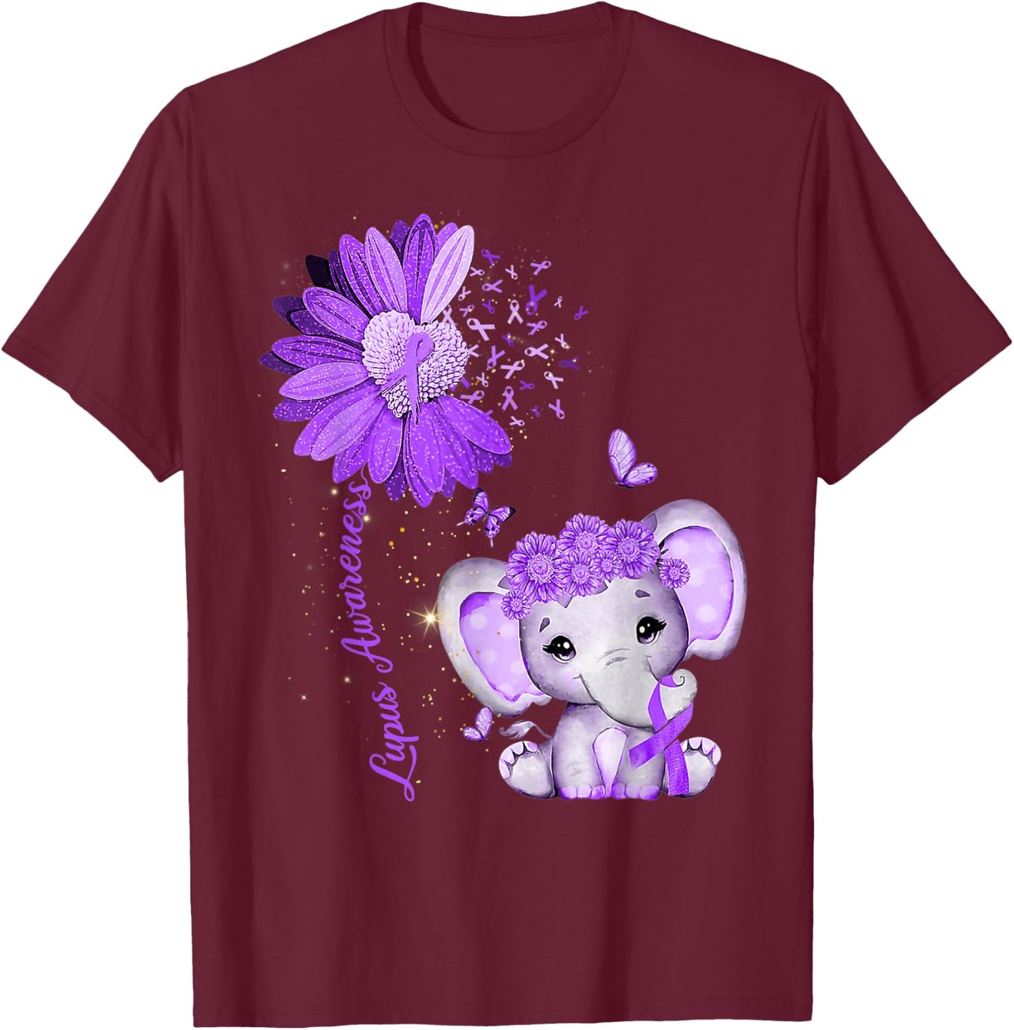 Lupus Awareness Sunflower Purple Ribbon Elephant T-Shirt - T-Shirt | Maroon
