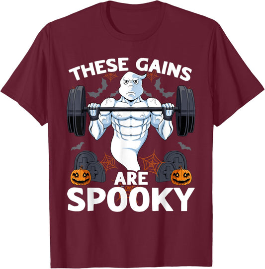 The Gains Are Spooky Halloween Scary Ghost Weightlifting Gym T-Shirt - T-Shirt | Maroon