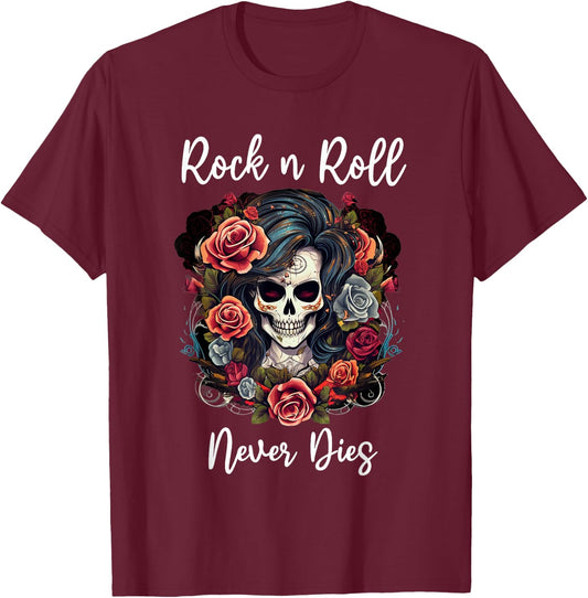 Rock n Roll Never Dies Rockabilly Girl Skull Tattoo T-Shirt - T-Shirt | Maroon