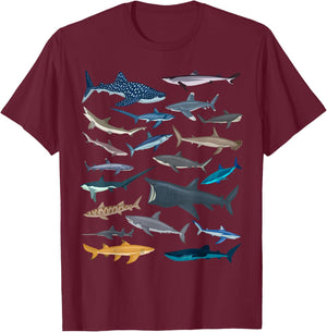 Different Types of Sharks Boys Kids Girl Shark Collage T-Shirt - T-Shirt | Maroon
