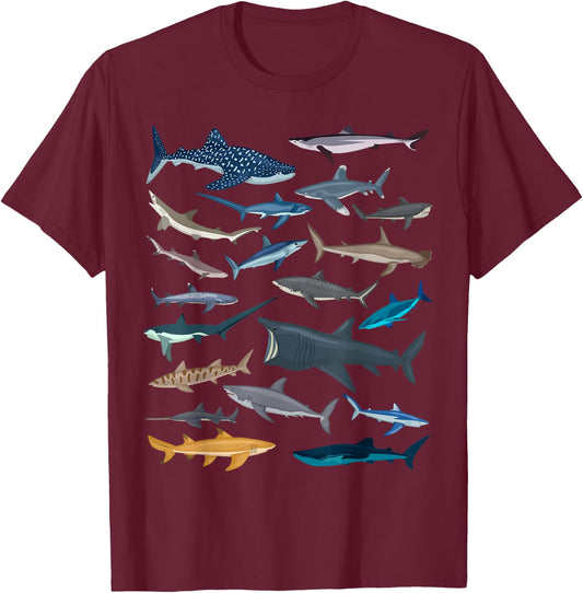 Different Types of Sharks Boys Kids Girl Shark Collage T-Shirt - T-Shirt | Maroon