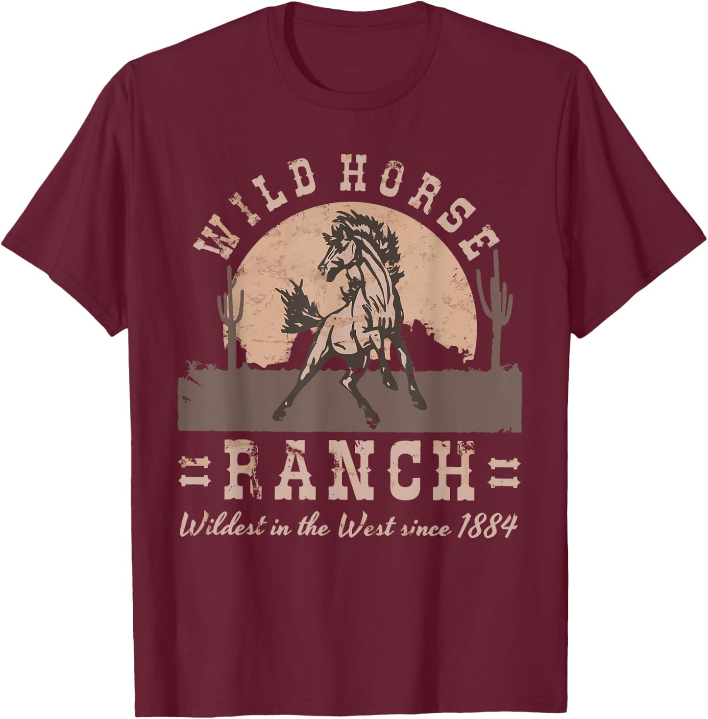 Wild Horse Ranch Distressed Western Graphic T-Shirt - T-Shirt | Maroon