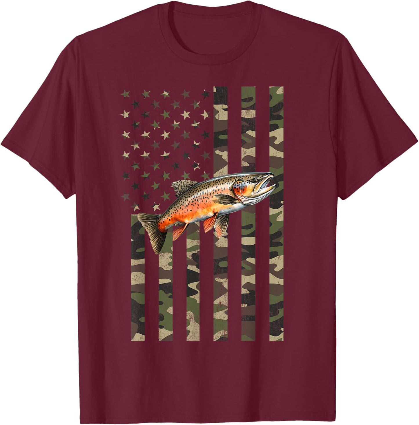 Brook Trout Fishing, Camo American Flag with Brook Trout T-Shirt - T-Shirt | Maroon