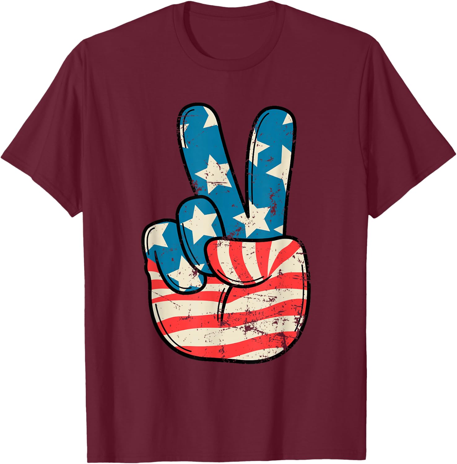 USA Flag Peace Sign Hand 4th of July Patriotic Men Boys T-Shirt - T-Shirt | Maroon