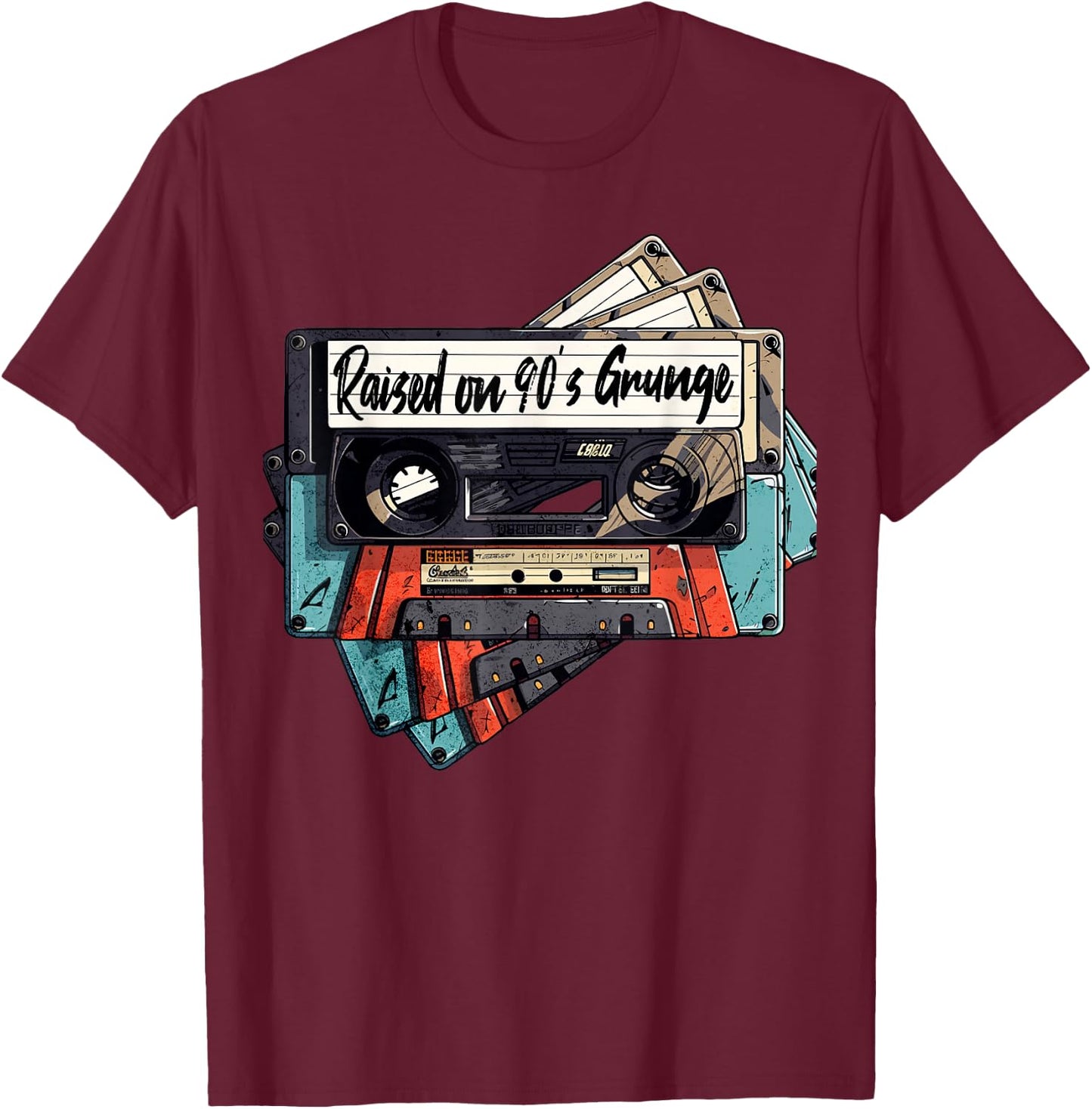 Raised On 90's Music Grunge Rock Cassette Tape Design T-Shirt - T-Shirt | Maroon