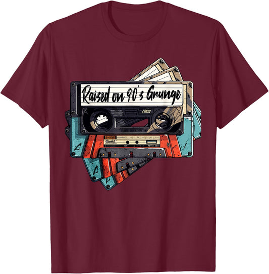 Raised On 90's Music Grunge Rock Cassette Tape Design T-Shirt - T-Shirt | Maroon