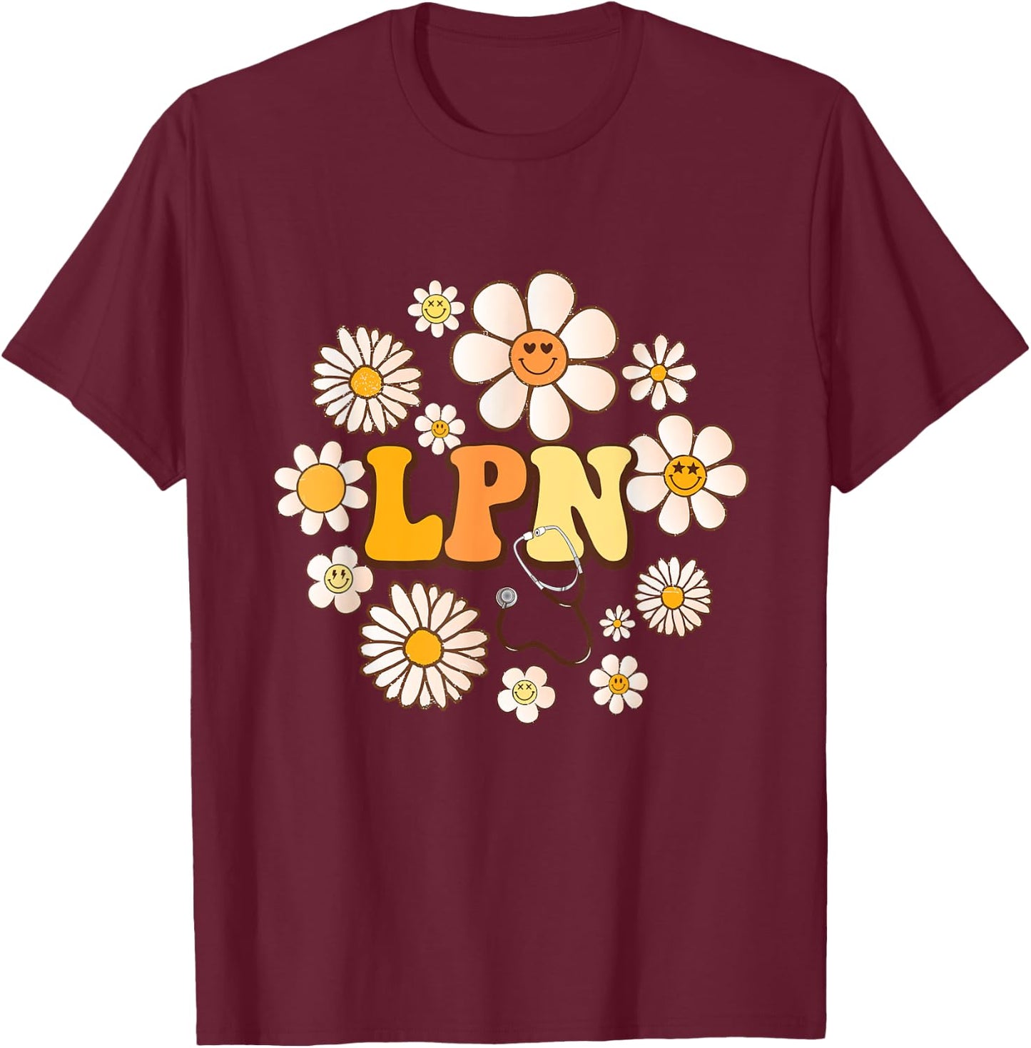 Retro groovy smile face Flowers LPN Licensed Practical Nurse T-Shirt - T-Shirt | Maroon