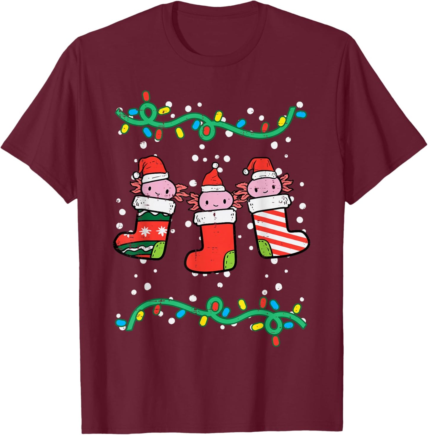 Christmas Stockings Axolotls Cute Xmas Men Women Kids Girls T-Shirt - T-Shirt | Maroon
