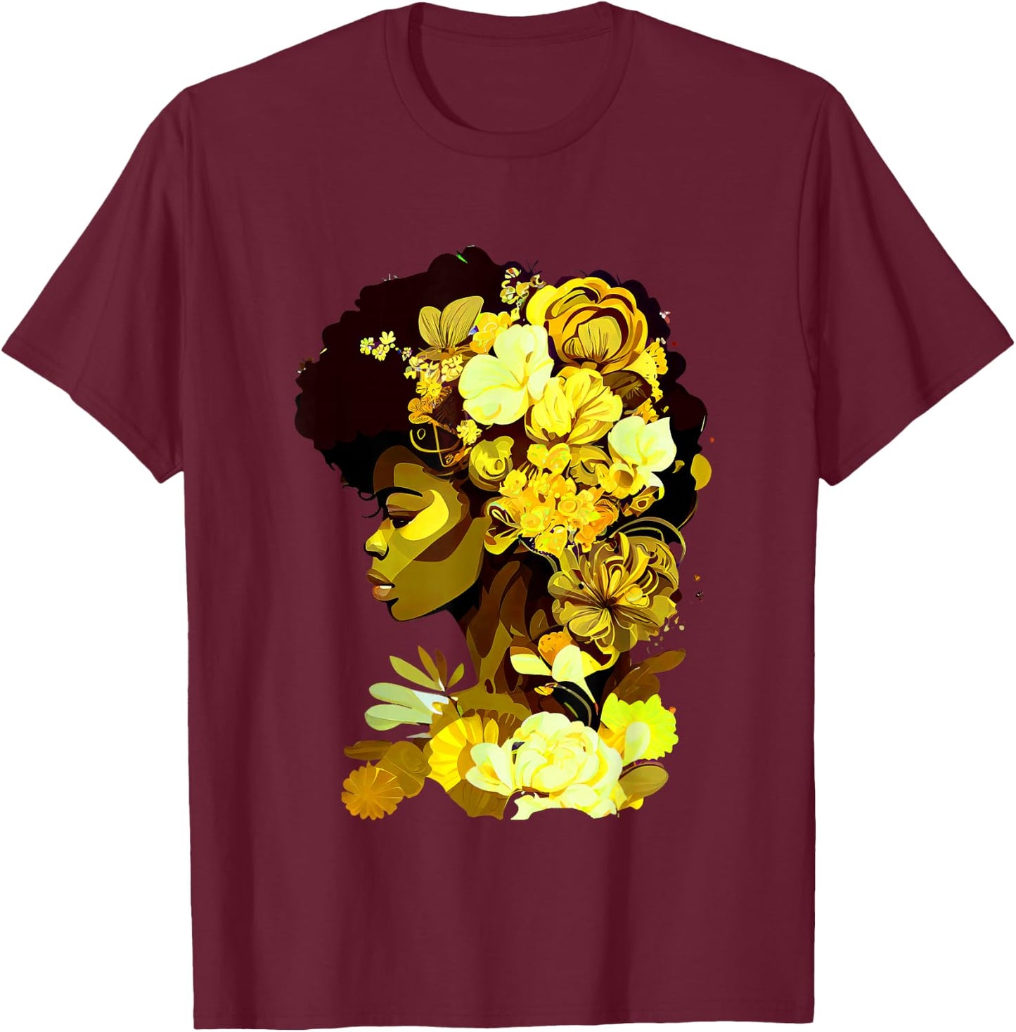 Beautiful Black Woman Afro Queen African Art Yellow Flowers T-Shirt - T-Shirt | Maroon