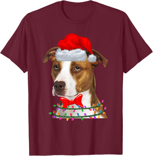 Christmas Lights Pitbull Wearing Xmas Hat - Cute Dog Lover T-Shirt - T-Shirt | Maroon