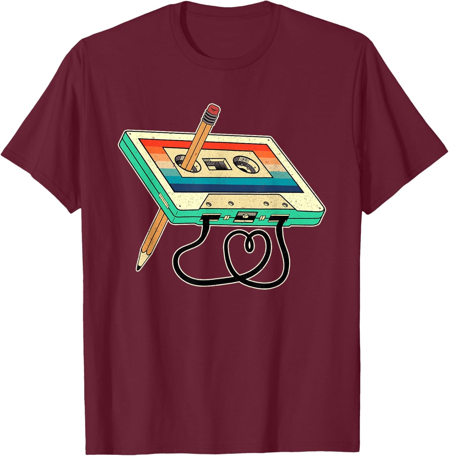 80s Cassette Tape Pencil 1980s Retro Vintage Throwback Music T-Shirt - T-Shirt | Maroon