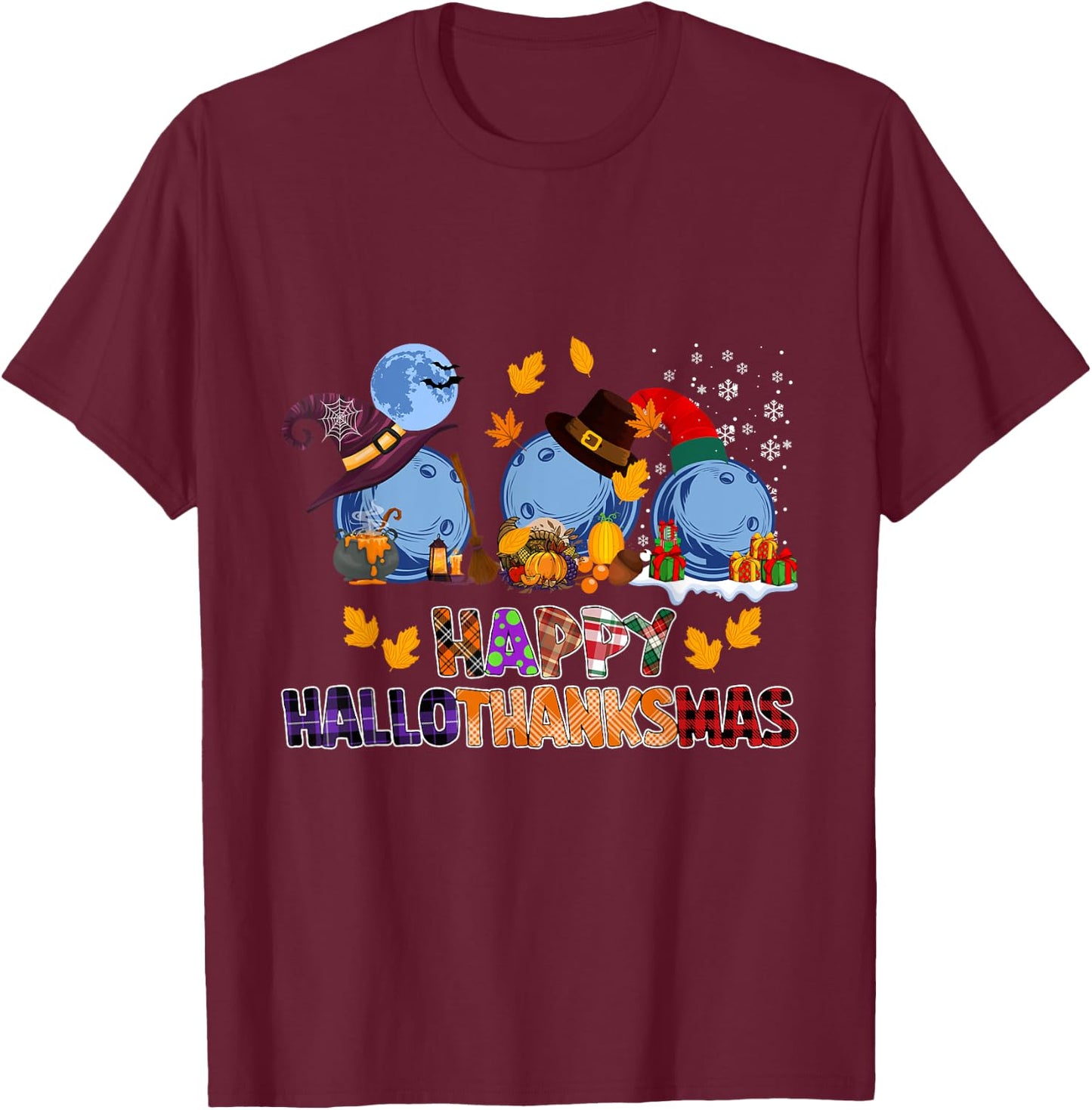Cute Hallothanksmas Bowling Halloween Thanksgiving Christmas T-Shirt - T-Shirt | Maroon